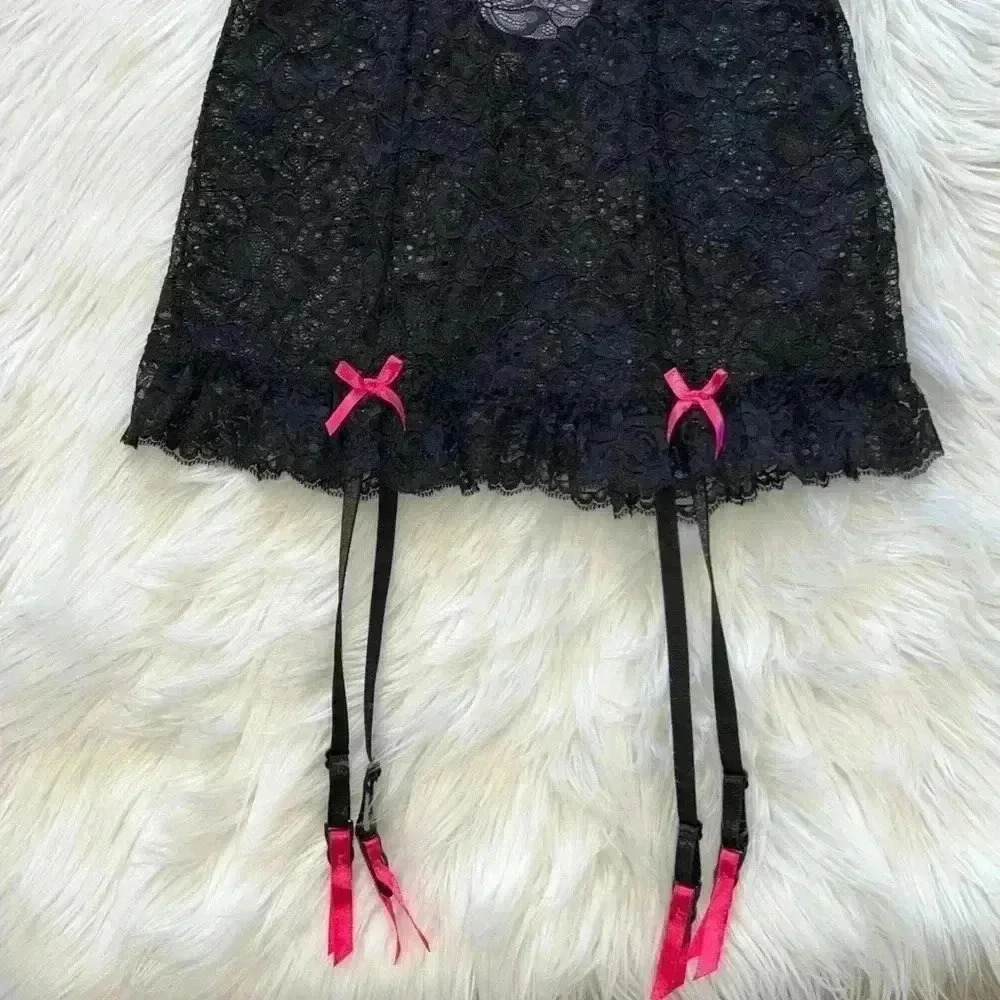 Dreamgirl Lingerie Y2K Black Floral Lace Babydoll Dress Medium Garters Neon Pink - Picture 4 of 8